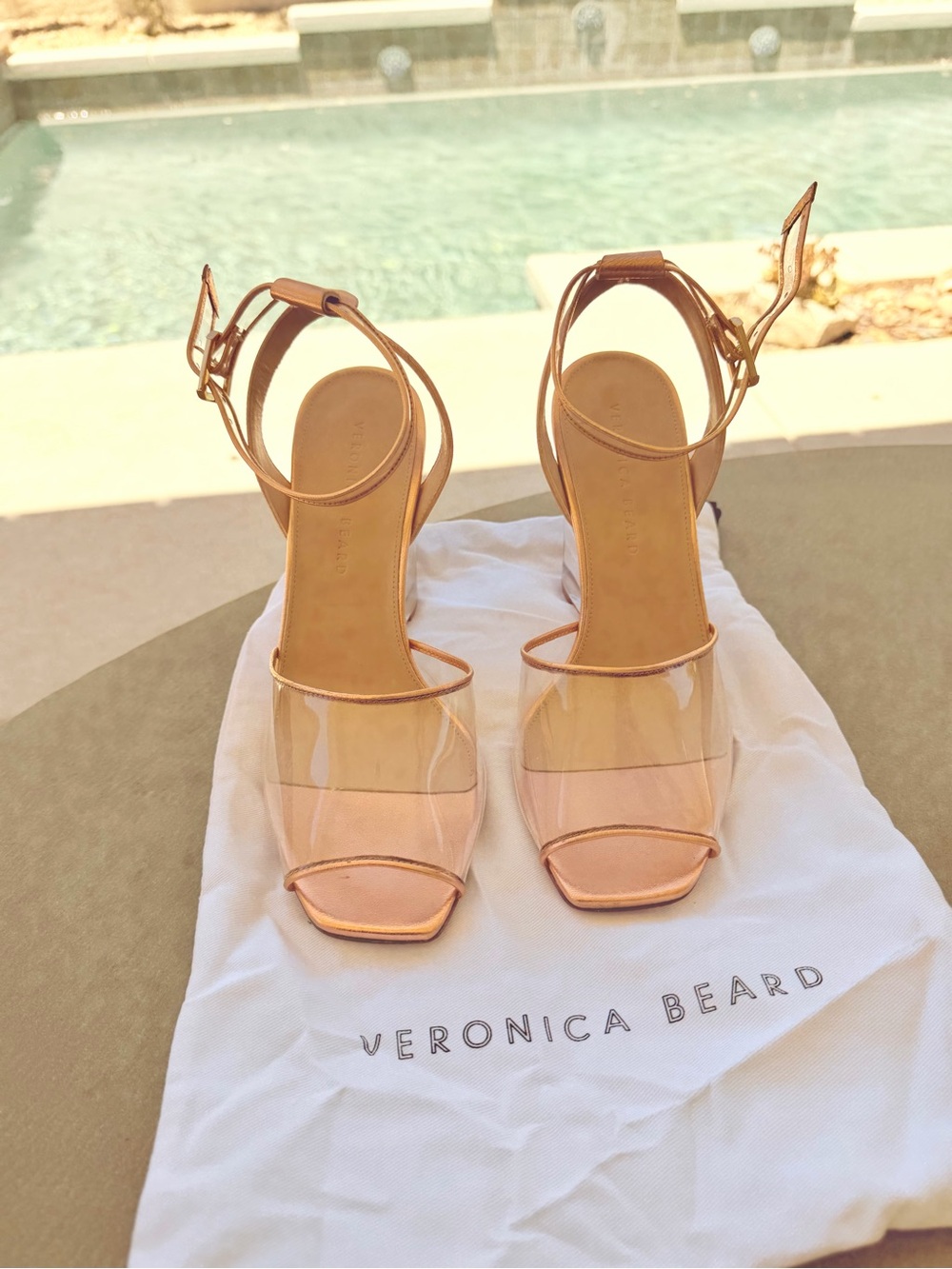 NWT Veronica Beard Cyndi Rose Gold Clear-Strap Ankle-Heel wedge Sandals size 9